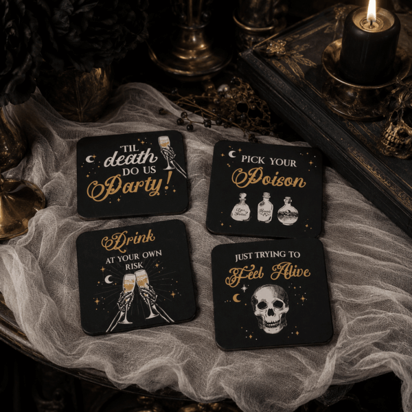 01 Til Death Do Us Party Skeleton Coaster Set - Black & Gold (Set of 4 with Stand)