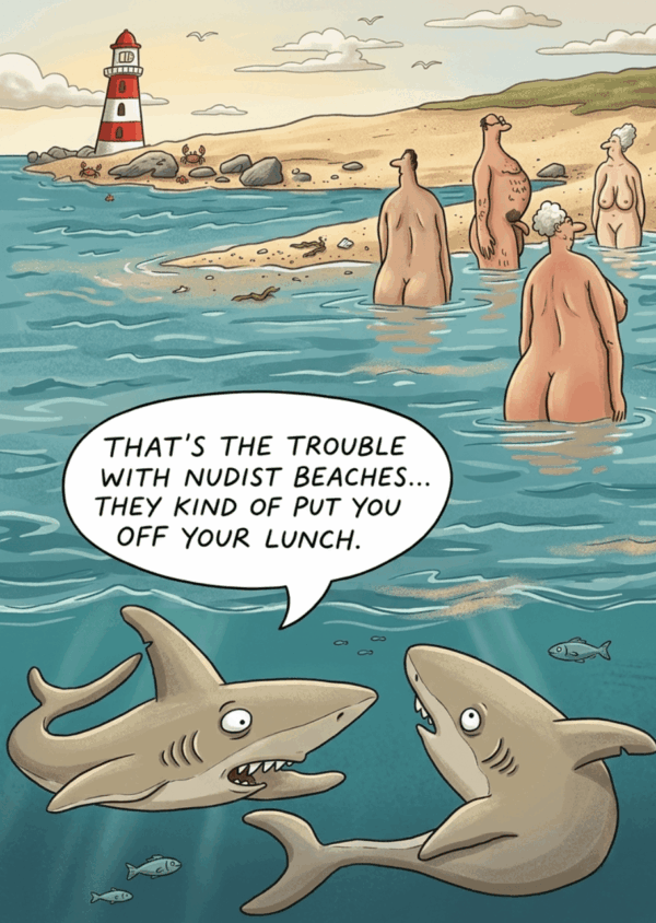 01 That's The Trouble With Nudist Beaches – Funny Shark Birthday Card