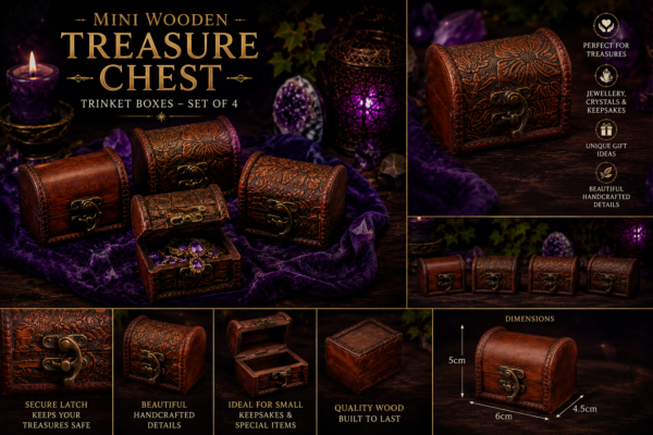 Mini Wooden Treasure Chest Trinket Boxes - Set of 4