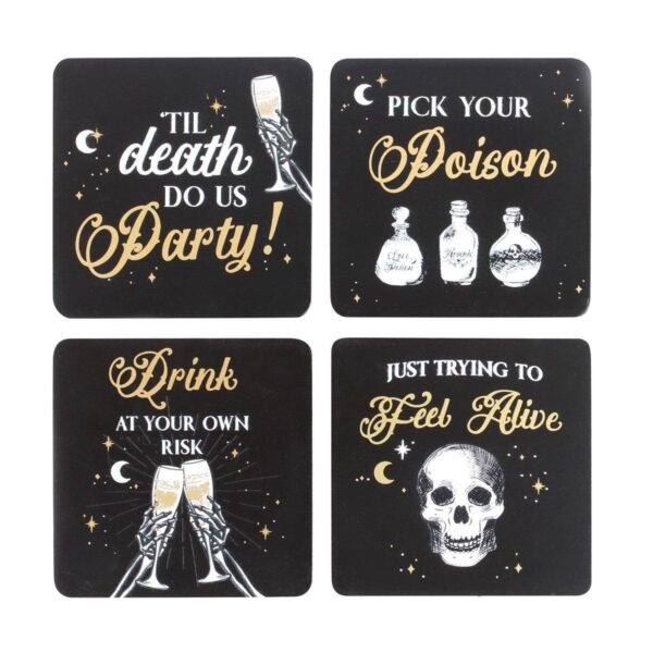 03 Til Death Do Us Party Skeleton Coaster Set - Black & Gold (Set of 4 with Stand)