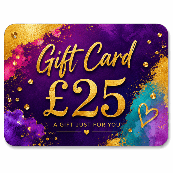 Gift card with £25 value on a colorful background
