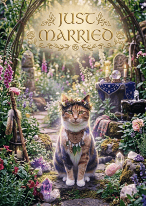Cat in a fairy tale garden with 'Just Married' text