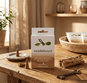 Elements Sandalwood Incense Cones on a wooden table with a burning cone