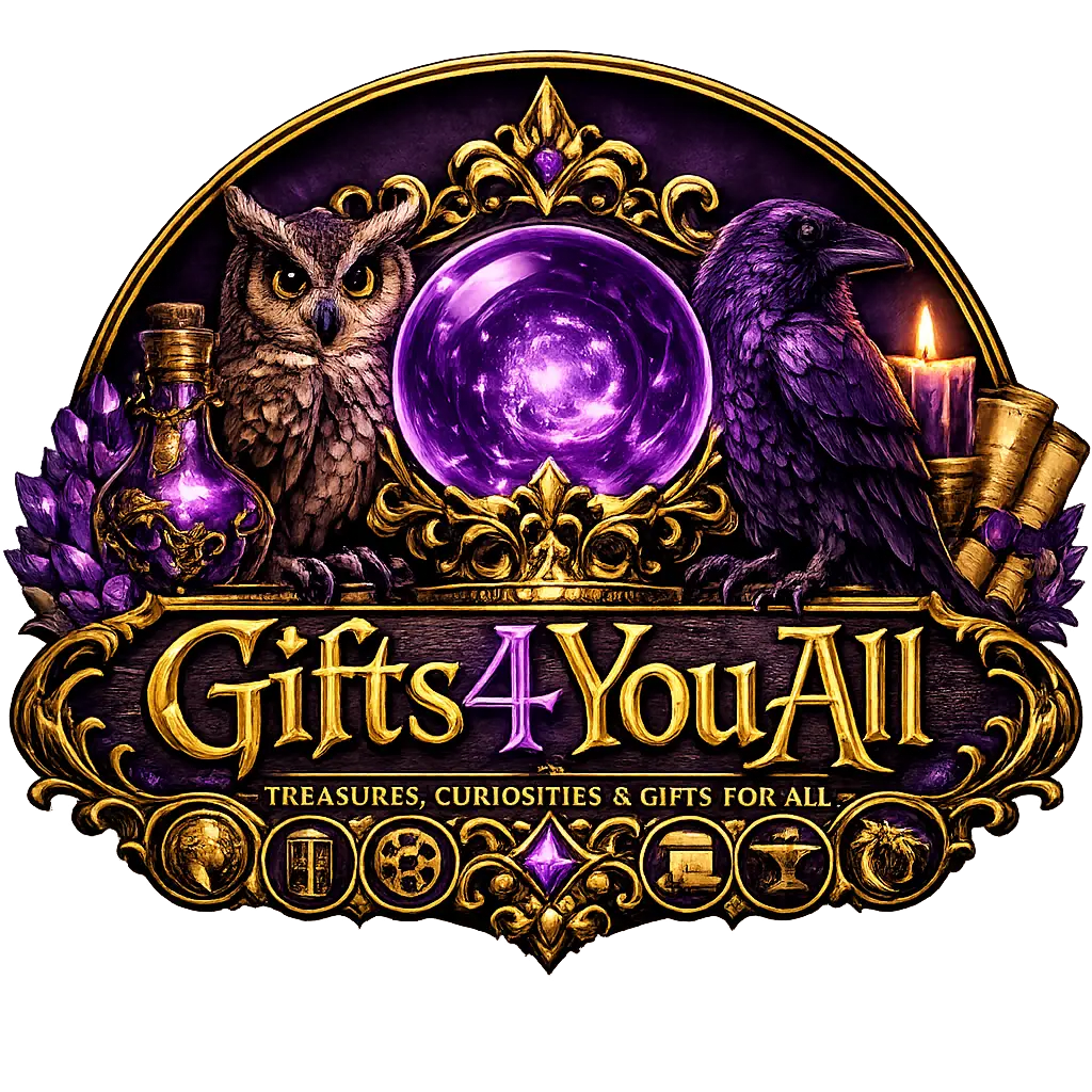 Gifts4YouAll logo featuring a crystal ball, owl, raven, and gold ornate framing