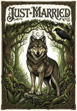Illustration of a wolf with Celtic-style decorations and 'Just Married' text in a forest setting.