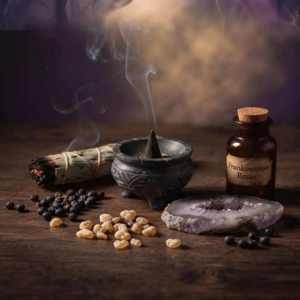 Home 1 Incense burner, frankincense resin, and natural botanicals on a wooden altar table for Scents from the Shadows