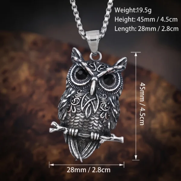 Norse & Gothic Stainless Steel Owl Necklace Pendant size Detailed silver-tone owl pendant necklace perched on a branch with black crystal eyes, displayed against a solid white background. size