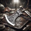 Viking axe pendant necklace in stainless steel with intricate Norse knotwork and rune detailing, shown with dimensional measurements (3.6cm x 4cm) and a weight of 17g against an atmospheric Norse warrior background.