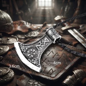 Norse Viking Axe Pendant Necklace – 17g Stainless Steel Talisman Viking axe pendant necklace in stainless steel with intricate Norse knotwork and rune detailing, shown with dimensional measurements (3.6cm x 4cm) and a weight of 17g against an atmospheric Norse warrior background.