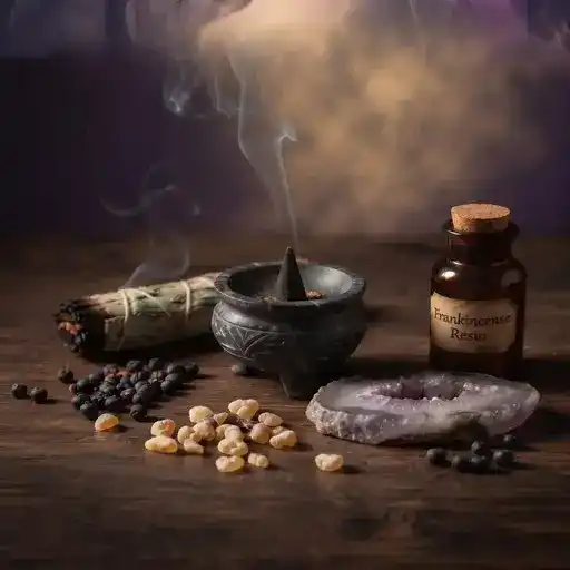Home 1 Incense burner, frankincense resin, and natural botanicals on a wooden altar table for Scents from the Shadows