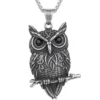 owl pen blank Detailed silver-tone owl pendant necklace perched on a branch with black crystal eyes, displayed against a solid white background. blank