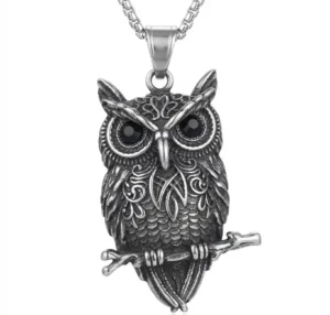 Norse & Gothic Stainless Steel Owl Necklace Pendant — Free Chain Included 2 Detailed silver-tone owl pendant necklace perched on a branch with black crystal eyes, displayed against a solid white background. blank