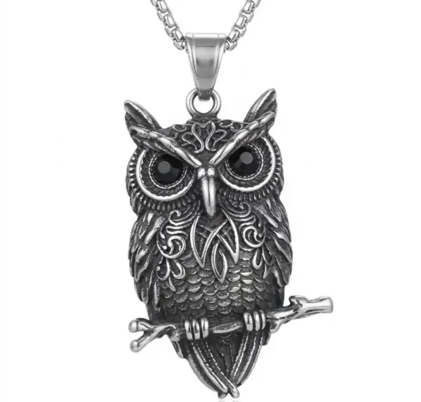 owl pen blank Detailed silver-tone owl pendant necklace perched on a branch with black crystal eyes, displayed against a solid white background. blank
