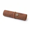Dark brown faux leather roll-up pencil case with vintage treasure map design and embossed buckle 2