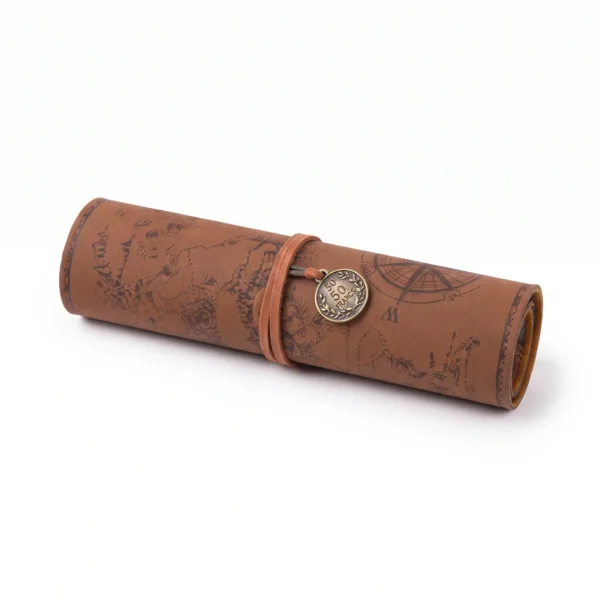 Dark brown faux leather roll-up pencil case with vintage treasure map design and embossed buckle 2
